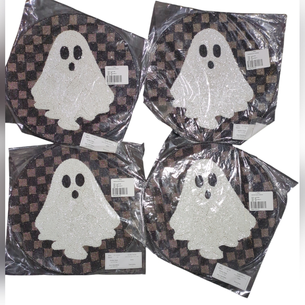 NWT! Set Of 4 Tahari 14in. Round Beaded Checker Ghost Placemats